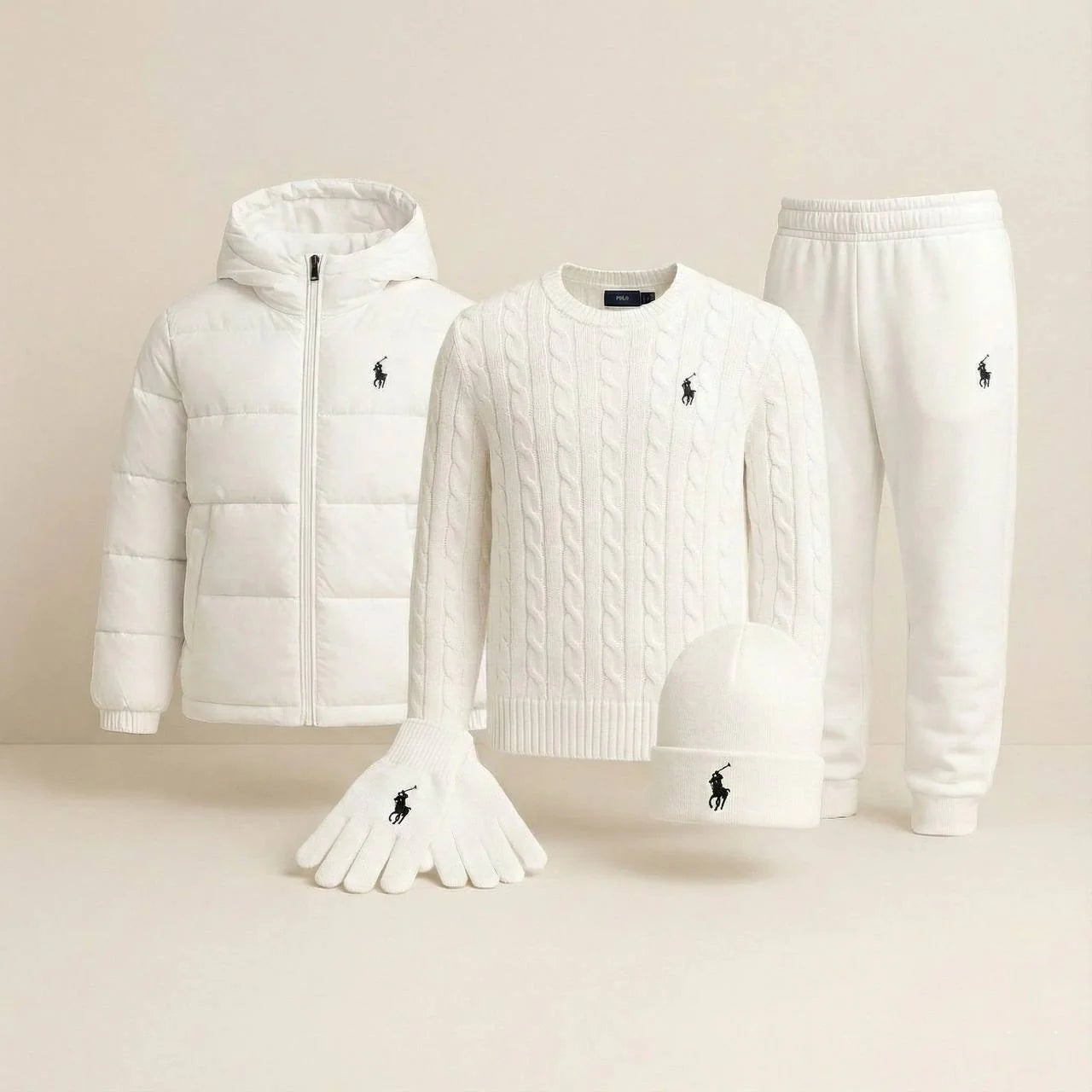 RALPH LAUREN™ Winter Casual Set – Tröja, vinterjacka (puffer), keps &amp; handskar
