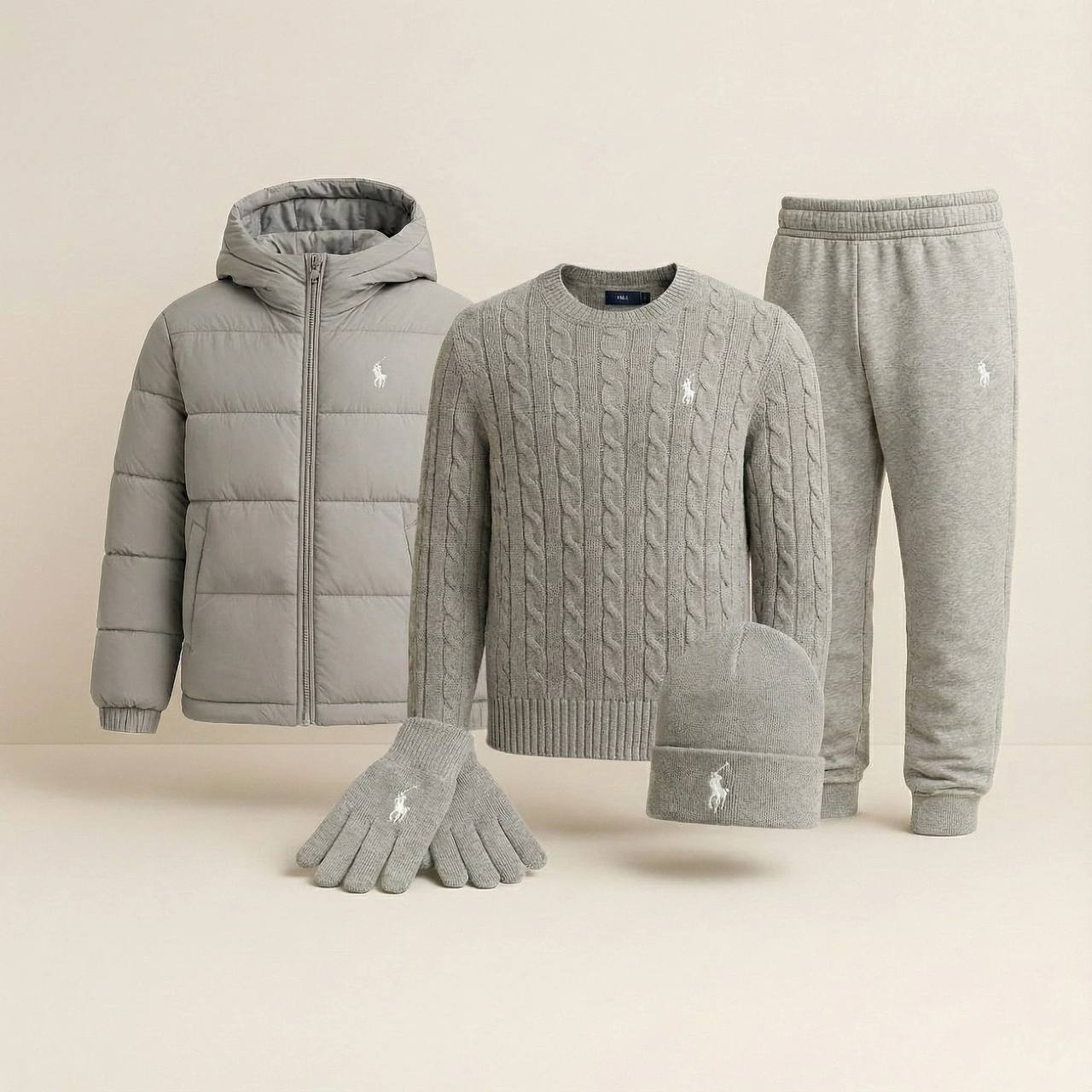 RALPH LAUREN™ Winter Casual Set – Tröja, vinterjacka (puffer), keps &amp; handskar