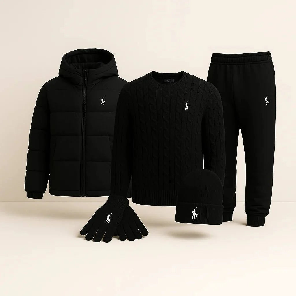 RALPH LAUREN™ Winter Casual Set – Tröja, vinterjacka (puffer), keps &amp; handskar