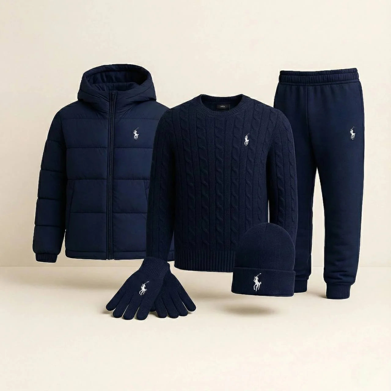 RALPH LAUREN™ Winter Casual Set – Tröja, vinterjacka (puffer), keps &amp; handskar